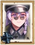  1girl bangs braid closed_mouth commentary company_of_heroes english_commentary german_army hair_between_eyes hat long_hair military military_hat military_jacket military_uniform original portrait purple_eyes purple_hair smile solo uniform world_war_ii zhainan_s-jun 