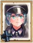  1girl bangs closed_mouth company_of_heroes german_army green_eyes green_hair hat looking_at_viewer military military_coat military_hat military_jacket military_uniform original portrait short_hair solo uniform v-shaped_eyebrows world_war_ii zhainan_s-jun 