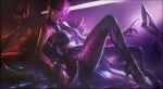  1girl absurdres bangs breasts detached_sleeves earrings evelynn_(league_of_legends) fishnet_legwear fishnets fur_trim high_heels highres jewelry k/da_(league_of_legends) k/da_evelynn league_of_legends leesuyeon long_hair medium_breasts midriff pantyhose pince-nez pink-tinted_eyewear pink_hair sitting skirt snake solo tinted_eyewear yellow_eyes 