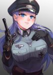  1girl bangs black_gloves blue_eyes closed_mouth commentary company_of_heroes german_army gloves grin gun handgun hat holding holding_gun holding_weapon lips long_hair long_sleeves looking_at_viewer luger_p08 military military_hat military_jacket military_uniform mole mole_under_eye original purple_hair smile solo teeth uniform weapon world_war_ii zhainan_s-jun 