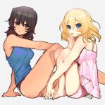  2girls andou_(girls_und_panzer) bangs barefoot black_eyes black_hair blonde_hair blue_eyes blue_tank_top blush breasts dark-skinned_female dark_skin dress from_side girls_und_panzer grey_background hair_between_eyes head_tilt lingerie looking_at_viewer medium_breasts medium_hair multiple_girls negligee oshida_(girls_und_panzer) pink_dress sitting tan_(inka) tank_top underwear 