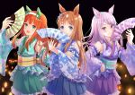  3girls alternate_costume animal_ears blush brown_hair commentary_request detached_sleeves grass_wonder_(umamusume) hand_fan headband highres horse_ears horse_girl japanese_clothes kimono looking_at_viewer mejiro_mcqueen_(umamusume) multiple_girls orange_hair purple_hair sakurakkuma silence_suzuka_(umamusume) simple_background smile umamusume 