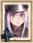  1girl bangs closed_mouth commentary company_of_heroes english_commentary german_army green_eyes hair_between_eyes hat long_hair military military_hat military_uniform original portrait purple_hair smile solo uniform v-shaped_eyebrows world_war_ii zhainan_s-jun 
