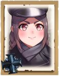  1girl bangs black_coat black_headwear braid closed_mouth coat commentary company_of_heroes english_commentary german_army hat jacket looking_at_viewer military military_coat military_hat military_jacket military_uniform original purple_eyes purple_hair purple_scarf scarf smile solo twin_braids uniform world_war_ii zhainan_s-jun 