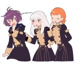  3girls annette_fantine_dominic artist_name bernadetta_von_varley blush breasts closed_eyes clothes_pull cowboy_shot do_m_kaeru eyebrows_visible_through_hair fire_emblem fire_emblem:_three_houses flat_chest garreg_mach_monastery_uniform grey_eyes long_hair long_sleeves lysithea_von_ordelia multiple_girls open_mouth orange_hair purple_hair short_hair sweatdrop twitter_username white_background white_hair 