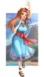  1girl absurdres beach blue_dress breasts brown_eyes dress egg gonzarez highres jewelry large_breasts long_hair marin_(the_legend_of_zelda) mountain necklace open_mouth orange_hair sandals solo the_legend_of_zelda the_legend_of_zelda:_link&#039;s_awakening 