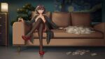 1girl black_legwear black_robe blue_eyes breasts brown_hair chong_wuxin couch crossed_legs cup drinking_glass high_heels highres holding holding_cup indoors large_breasts money nipples open_clothes open_robe original painting_(object) red_footwear robe short_hair sitting solo thighhighs 