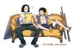  2boys afro black_hair closed_eyes couch grin highres holding holding_sketchbook long_nose male_focus monkey_d._luffy multiple_boys notebook one_piece open_clothes open_shirt paintbrush pout quana short_hair shorts sitting sketchbook smile usopp white_background 