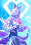  1girl absurdres ahri_(league_of_legends) animal_ears bare_shoulders black_legwear blonde_hair bracelet breasts choker cowboy_shot crystal_tail facial_mark fox_ears fox_tail heart heart_choker highres jewelry k/da_(league_of_legends) k/da_ahri large_breasts league_of_legends leesuyeon long_hair looking_at_viewer microphone solo strapless tail thighhighs whisker_markings yellow_eyes 