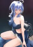  1girl ahoge azur_lane bag black_background blue_hair blue_shirt blue_skirt breasts cleavage commentary_request crop_top dark_background eyebrows_visible_through_hair eyes_visible_through_hair highres large_breasts long_hair looking_at_viewer manjirou_(manji_illust) midriff navel off_shoulder one_knee partial_commentary purple_eyes shirt side_ponytail sidelocks simple_background single-shoulder_shirt single_bare_shoulder single_sleeve skirt smile solo st._louis_(azur_lane) thighs 