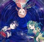  3girls alternate_hairstyle blue_eyes blue_hair floral_print futaba_sana green_eyes green_hair hair_ornament japanese_clothes kimono magia_record:_mahou_shoujo_madoka_magica_gaiden mahou_shoujo_madoka_magica multiple_girls nanami_yachiyo pink_eyes pink_hair sleeveless smile tamaki_iroha totte yukata 