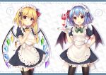  2girls ? apron bangs bat_wings black_bow black_legwear blonde_hair blue_dress blue_hair blush bow closed_mouth cocktail cocktail_glass collar commentary_request crystal cup dress drinking_glass eyebrows_visible_through_hair flandre_scarlet flower food fruit garter_straps green_bow green_neckwear hair_between_eyes hand_on_hip hand_up hands_up hat hat_ribbon heart heart_print highres jewelry looking_at_viewer maid maid_day maid_headdress multicolored_wings multiple_girls musical_note one_side_up open_mouth puffy_short_sleeves puffy_sleeves red_eyes red_ribbon remilia_scarlet ribbon ruhika short_hair short_sleeves simple_background smile spoken_musical_note spoken_question_mark standing strawberry thighhighs touhou tray upper_body white_apron white_background white_bow white_flower wings wrist_cuffs yellow_bow yellow_neckwear 