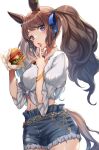  1girl animal_ears blue_eyes blue_nails blue_shorts blush brown_hair burger cowboy_shot denim denim_shorts eyebrows_visible_through_hair fingernails food highres holding holding_food horse_ears horse_girl horse_tail juliet_sleeves long_hair long_sleeves nail_polish open_mouth puffy_sleeves shorts simple_background solo tail tosen_jordan_(umamusume) twintails umamusume white_background yellow_nails yu_ni_t 