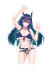  1girl absurdres against_glass aqua_hair arknights arm_up armpits ass_visible_through_thighs bangs bare_arms bare_shoulders bikini bikini_under_clothes blue_bikini blue_hair breast_press breasts ch&#039;en_(arknights) ch&#039;en_the_holungday_(arknights) cleavage collarbone commentary_request contrapposto cropped_legs dragon_horns eyebrows_visible_through_hair gradient_hair grey_shorts highres horns kamina0205 large_breasts looking_at_viewer multicolored_hair navel no_tail open_clothes open_fly open_shorts parted_lips purple_eyes short_shorts shorts simple_background solo stomach swimsuit underboob white_background 