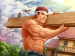  1boy abs bara belt bird black_belt brown_hair bulge carrying_over_shoulder clothes_down cloud cloudy_sky flying hachimaki headband house large_pectorals male_focus muscular muscular_male navel original overalls pectorals saolin_(wudangx) seat short_hair sideburns sky solo stomach topless_male tree 