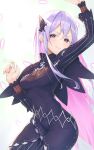  1girl arm_up bangs blue_dress breasts butterfly_hair_ornament capelet closed_mouth commentary_request dress echidna_(re:zero) hair_between_eyes hair_ornament hand_up highres long_hair long_sleeves looking_at_viewer medium_breasts pink_hair purple_eyes re:zero_kara_hajimeru_isekai_seikatsu sidelocks smile solo standing very_long_hair white_background yujongzzang 