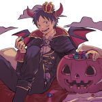  1boy :d bat_wings black_eyes black_hair candy cape crown fang food halloween_bucket halloween_costume highres horns jack-o&#039;-lantern male_focus monkey_d._luffy one_piece quana scar scar_on_face short_hair sitting smile solo wings 