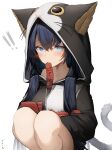  ! !! 1girl absurdres animal_hood arknights bangs bare_legs black_hair blaze_(arknights) blue_eyes blush breasts cat_girl cat_hood cat_tail character_name ciao_churu commentary drawstring eyebrows_visible_through_hair fang feet_out_of_frame highres hood hood_up hoodie long_hair long_sleeves looking_at_viewer medium_breasts mouth_hold no_pants official_alternate_costume simple_background skin_fang solo squatting tab_head tail translated two-tone_hoodie very_long_hair white_background 