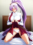  1girl artist_name bangs bare_legs barefoot bed bed_sheet belt blush breasts brown_belt closed_mouth collared_shirt commentary_request dated dress eyebrows_visible_through_hair highres large_breasts lifted_by_self lips long_hair long_sleeves looking_at_viewer nose_blush on_bed panties parted_bangs purple_eyes purple_hair red_dress shiny shiny_hair shiny_skin shirt signature sitting solo tatsuya_(guild_plus) thighs touhou underwear wall watatsuki_no_yorihime white_panties white_shirt wing_collar wrist_cuffs 