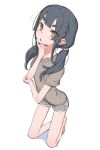  1girl :o akari_(raigou) bad_anatomy bangs barefoot black_hair blunt_bangs blush brown_shirt finger_to_own_chin full_body grey_shorts head_rest kneeling long_hair looking_at_viewer notice_lines original parted_lips pointy_ears raigou shadow shirt short_sleeves shorts simple_background solo thick_eyebrows thinking twintails white_background yellow_eyes 
