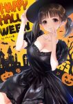  1girl black_dress black_headwear blush breasts brown_eyes brown_hair cleavage closed_mouth collarbone dress halloween hand_on_headwear happy_halloween hat highres kishida_mel large_breasts looking_at_viewer medium_hair original puffy_short_sleeves puffy_sleeves short_dress short_sleeves smile solo twintails witch witch_hat 