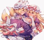  2girls :/ bangs blonde_hair blush bow breasts brooch brown_eyes carrying cleavage closed_eyes closed_mouth collarbone commentary_request dress elbow_gloves eyebrows_visible_through_hair fingernails fluffy footwear_bow fox_tail frilled_dress frills full-face_blush furrowed_brow gloves gold_trim hair_between_eyes hair_ribbon hand_on_another&#039;s_shoulder hat heart heart-shaped_pupils jewelry large_breasts long_hair long_sleeves looking_at_another mary_janes masanaga_(tsukasa) mob_cap multiple_girls nose_blush pout princess_carry puffy_short_sleeves puffy_sleeves purple_dress red_footwear red_ribbon ribbon shoes short_hair short_sleeves simple_background standing sweatdrop symbol-shaped_pupils tabard tail touhou tress_ribbon upper_body white_background white_gloves white_headwear white_legwear white_sleeves wide_sleeves yakumo_ran yakumo_yukari yuri 