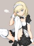  1girl adjusting_hair apron black_bow black_bowtie black_dress black_footwear blonde_hair blue_eyes bow bowtie breasts commentary_request detached_collar dress eyebrows_visible_through_hair frilled_dress frills haimura_kiyotaka highres leivinia_birdway loafers looking_at_viewer maid maid_headdress medium_hair shoes short_sleeves simple_background sitting small_breasts smile solo speech_bubble thighhighs thighs toaru_majutsu_no_index toaru_majutsu_no_index:_new_testament waist_apron wrist_cuffs 