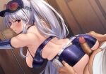  1boy 1girl absurdres ass azur_lane back_cutout bare_shoulders bent_over blush breasts censored clothes_lift clothing_cutout detached_sleeves dress elbow_gloves enterprise_(azur_lane) enterprise_(wind_catcher)_(azur_lane) erection from_behind glasses gloves hanging_breasts hat hetero highres large_breasts leaning_forward looking_back momo_no_sukebe mosaic_censoring official_alternate_costume penis ponytail purple_eyes sexually_suggestive skin_tight skindentation skirt skirt_lift sleeveless sleeveless_dress thigh_grab thighs white_hair 