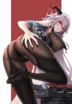  1girl absurdly_long_hair absurdres aegir_(azur_lane) artist_name ass ass_grab azur_lane bare_shoulders black_legwear black_panties bodystocking breast_curtains breasts covered_nipples cross cross_earrings demon_horns earrings from_behind garter_straps gmomotdly hair_between_eyes hair_on_horn hand_on_own_ass highres horns iron_cross jewelry large_breasts long_hair looking_at_viewer looking_back multicolored_hair panties red_background red_hair see-through simple_background skindentation solo streaked_hair thighhighs turret two-tone_background underbust underwear very_long_hair white_background white_hair yellow_eyes 