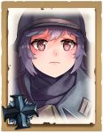  1girl bangs black_coat black_scarf closed_mouth coat commentary company_of_heroes english_commentary german_army hat helmet looking_at_viewer military military_coat military_hat military_jacket military_uniform original portrait purple_eyes purple_hair scarf solo uniform world_war_ii zhainan_s-jun 