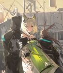  1other 2girls ambiguous_gender amiya_(arknights) animal_ear_fluff animal_ears arknights bare_shoulders black_choker black_cloak brown_hair cat_ears cat_girl choker cloak doctor_(arknights) dress eyebrows_visible_through_hair frischenq green_dress green_eyes green_hair hair_intakes hair_ornament hairclip hood hood_up hooded_cloak kal&#039;tsit_(arknights) long_hair multiple_girls off_shoulder oripathy_lesion_(arknights) rabbit_ears rhodes_island_logo signature 