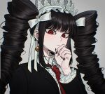  1girl bangs black_hair black_jacket black_nails bow celestia_ludenberg center_frills closed_mouth collared_shirt commentary_request danganronpa:_trigger_happy_havoc danganronpa_(series) drill_hair earrings frilled_jacket frilled_shirt frills grey_background hair_bow hand_up jacket jecheubo jewelry korean_commentary long_hair looking_at_viewer nail_polish necktie portrait red_eyes red_necktie shirt simple_background white_shirt 