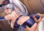  1boy 1girl absurdres ass azur_lane back_cutout bare_shoulders bent_over blush breasts buttjob censored clothes_lift clothing_cutout detached_sleeves dress elbow_gloves enterprise_(anniversary_ride)_(azur_lane) enterprise_(azur_lane) erection from_behind glasses gloves hanging_breasts hat hetero highres large_breasts leaning_forward looking_back momo_no_sukebe mosaic_censoring official_alternate_costume penis ponytail purple_eyes skin_tight skindentation skirt skirt_lift sleeveless sleeveless_dress solo_focus thigh_grab thighs white_hair 