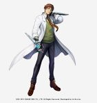  1boy black_pants bowman_jean brown_footwear brown_hair company_name dated full_body gauntlets hand_up kijimoto_yuuhi labcoat looking_at_viewer male_focus necktie official_art pants red_neckwear simple_background solo standing star_ocean star_ocean_anamnesis star_ocean_the_second_story sweater_vest white_background 