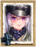  1girl bangs closed_mouth commentary company_of_heroes english_commentary german_army grin hair_between_eyes hair_ribbon hat long_hair military military_hat military_jacket military_uniform open_mouth original portrait purple_eyes purple_hair ribbon smile solo teeth twintails uniform world_war_ii zhainan_s-jun 