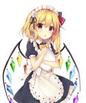  1girl :d alternate_costume apron bangs blonde_hair blush bow bowtie commentary_request crystal dress enmaided eyebrows_visible_through_hair eyelashes flandre_scarlet flower frilled_apron frilled_dress frills hair_bow hair_flower hair_ornament heart heart_print highres holding holding_tray looking_at_viewer maid maid_apron maid_headdress multicolored_wings one_side_up open_mouth puffy_short_sleeves puffy_sleeves rainbow_order red_bow ruhika shiny shiny_hair short_hair short_sleeves side_ponytail sidelocks simple_background smile solo standing touhou tray upper_body waist_apron white_apron white_background wings wrist_cuffs yellow_bow yellow_bowtie 