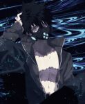  1boy alternate_costume anoko_(darenokoanoko) back_hair black_background black_jacket blue_background boku_no_hero_academia burn_scar collarbone dabi_(boku_no_hero_academia) gas_mask grey_eyes hand_in_hair highres jacket knee_up long_sleeves looking_at_viewer male_focus mask multicolored_background navel open_clothes open_jacket scar short_hair sitting solo spiked_hair stitches 
