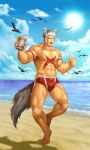  1boy abs animal_ears bara beach beard bird bulge cloud cloudy_sky cross_scar cup facial_hair fang full_body highres holding holding_cup large_pectorals large_tail long_sideburns looking_at_viewer male_focus male_swimwear mature_male muscular muscular_male navel navel_hair nipples one_eye_closed original pectorals red_male_swimwear saolin_(wudangx) scar scar_on_chest short_hair sideburns silver_hair sky solo standing standing_on_one_leg stomach swim_briefs tail thick_thighs thighs thumbs_up topless_male wolf_boy wolf_ears wolf_tail 