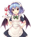 1girl :d alternate_costume apron back_bow bat_wings blue_dress blue_hair bow breasts buttons cocktail cocktail_glass cup dress drinking_glass drinking_straw eyebrows_visible_through_hair eyelashes fang fingernails frilled_apron frilled_dress frills green_neckwear hand_on_hip highres holding holding_tray looking_at_viewer maid_apron maid_headdress medium_breasts open_mouth petticoat puffy_short_sleeves puffy_sleeves remilia_scarlet ribbon-trimmed_skirt ribbon_trim ruhika shiny shiny_hair short_hair short_sleeves smile solo standing touhou tray upper_body white_apron wings 