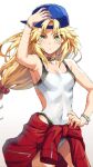  1girl armpits backwards_hat baseball_cap blonde_hair blush bracelet breasts choker cleavage covered_navel cowboy_shot fate/apocrypha fate_(series) green_eyes hand_on_headwear hand_on_hip hat highres jewelry long_hair looking_at_viewer mordred_(fate) mordred_(fate/apocrypha) one-piece_swimsuit sketch small_breasts solo swimsuit swimsuit_under_clothes tonee white_background 