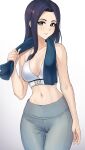  1girl absurdres angdo_(kakajo26) bangs bare_arms bare_shoulders black_hair blue_eyes breasts caitlyn_(league_of_legends) commentary cowboy_shot crop_top hand_up highres league_of_legends long_hair looking_at_viewer medium_breasts midriff navel pants parted_bangs parted_lips shirt simple_background sleeveless sleeveless_shirt solo spaghetti_strap standing stomach sweatdrop towel towel_around_neck white_background white_shirt yoga_pants 