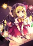  1girl :o absurdres bangs black_footwear blonde_hair blush bow bowtie collar commentary_request crystal dot_nose eyebrows_visible_through_hair flandre_scarlet floor frilled_shirt_collar frills hair_between_eyes hands_on_ground hat hat_ribbon highres lamp looking_to_the_side mob_cap multicolored_wings on_floor one_side_up open_mouth pantyhose puffy_short_sleeves puffy_sleeves red_bow red_eyes red_ribbon red_skirt red_vest ribbon ruhika shirt shoes short_hair short_sleeves sitting skirt solo star_(symbol) table touhou vest wariza white_bow white_headwear white_legwear white_shirt wings wrist_cuffs yellow_bow yellow_bowtie 