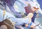  2girls absurdres arrow_(projectile) blue_sky bow_(weapon) braid brown_eyes cape cloud day dragon dutch_angle english_commentary highres long_hair multiple_girls nid_(banner_saga) nuoxu oddleif outdoors quiver shield sky the_banner_saga weapon white_hair wristband 