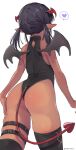  1girl ass asymmetrical_legwear bare_shoulders black_hair black_leotard commentary_request cowboy_shot dark-skinned_female dark_skin demon_girl demon_tail demon_wings from_behind head_wings heart highleg highleg_leotard highres leotard medium_hair original pointy_ears simple_background skindentation solo spoken_heart tail thigh_strap thighhighs trente twintails white_background wings 