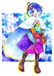  1girl :o adapted_costume ahoge blue_eyes blue_hair blush boots breath brown_footwear cape commentary earmuffs eyebrows_visible_through_hair full_body gradient highres long_sleeves looking_at_viewer mittens multicolored_clothes multicolored_hairband open_mouth patchwork_clothes pote_(ptkan) short_hair sky_print snowflake_print solo tenkyuu_chimata touhou winter_clothes zipper zipper_pull_tab 