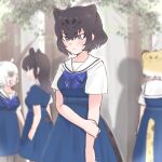  4girls animal_ears anteater_ears black_hair black_jaguar_(kemono_friends) blonde_hair blue_bow blue_bowtie blue_dress blue_eyes blush bow bowtie commentary_request dress extra_ears eyebrows_visible_through_hair holding_own_arm jaguar_(kemono_friends) jaguar_ears jaguar_girl jaguar_print jaguar_tail kemono_friends kemono_friends_3 long_hair looking_down malayan_tapir_(kemono_friends) matching_outfit multiple_girls official_alternate_costume plaid plaid_bow plaid_bowtie sailor_collar sailor_dress school_uniform short_hair short_sleeves southern_tamandua_(kemono_friends) tail tapir_ears tapir_girl tmtkn1 white_hair white_sleeves 