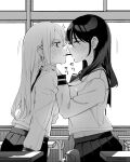 2girls ^^^ bangs blush breasts byte_(allbyte) closed_eyes commentary_request desk food greyscale hand_on_another&#039;s_shoulder highres indoors large_breasts long_hair looking_away monochrome mouth_hold multiple_girls original partial_commentary pleated_skirt pocky pocky_kiss school_desk school_uniform serafuku sidelocks sitting skirt sweat window yuri 