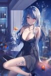  1girl bare_shoulders black_choker black_dress breasts choker cleavage cocktail_dress cocktail_glass collarbone cup dress drinking_glass elbow_gloves gloves grey_hair halter_dress halterneck hand_up highres holding holding_cup jewelry large_breasts long_hair looking_at_viewer necklace necomi no_bra original purple_eyes sleeveless sleeveless_dress smile solo spaghetti_strap thighs white_gloves wine_glass 