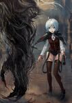  1girl antenna_hair antique_firearm ass_visible_through_thighs bangs black_capelet black_footwear black_shorts blood blood_on_clothes blood_on_face bloodborne blue_eyes blurry blurry_background brown_legwear brown_vest cane_sword capelet claws cleric_beast cosplay dennou_shoujo_youtuber_siro dress_shirt dual_wielding firelock flintlock full_body gun hair_between_eyes highres holding holding_gun holding_sword holding_weapon hunter_(bloodborne) hunter_(bloodborne)_(cosplay) liyou-ryon monster shirt short_hair short_shorts shorts silver_hair siro_(dennou_shoujo_youtuber_siro) standing suspender_shorts suspenders sword thigh_gap thighhighs threaded_cane torn_clothes torn_legwear vest virtual_youtuber weapon white_shirt 