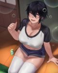  1girl black_hair breasts brown_eyes bubble bubble_pipe denim denim_shorts door highres hunyan midriff navel open_mouth original short_hair short_shorts shorts sitting skindentation thighhighs tomboy tomboy_(hunyan) white_legwear wooden_floor 